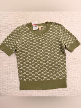 MICHAEL Michael Kors Olive Green and White MK Logo Short Sleeve Sweater